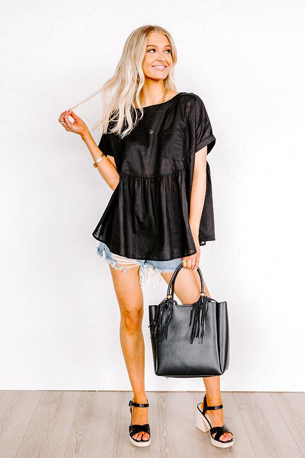 Impressions Greek Isles Linen-Blend Babydoll Top In Black