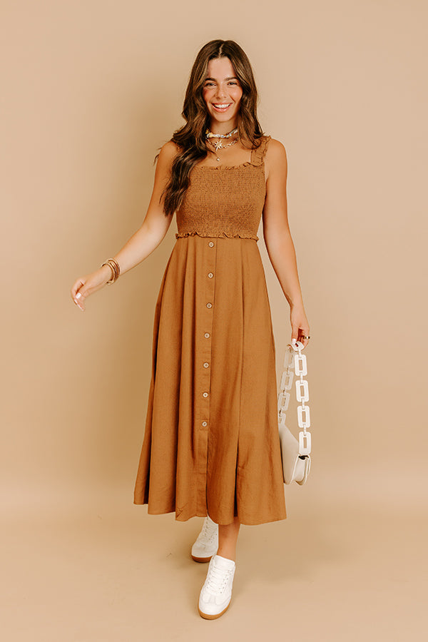 Impressions Harvest Lane Linen-Blend Midi Dress In Chocolate