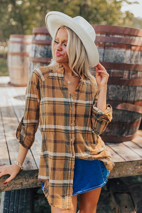 Impressions Hayride Happiness Vintage Wash Plaid Tunic In Camel