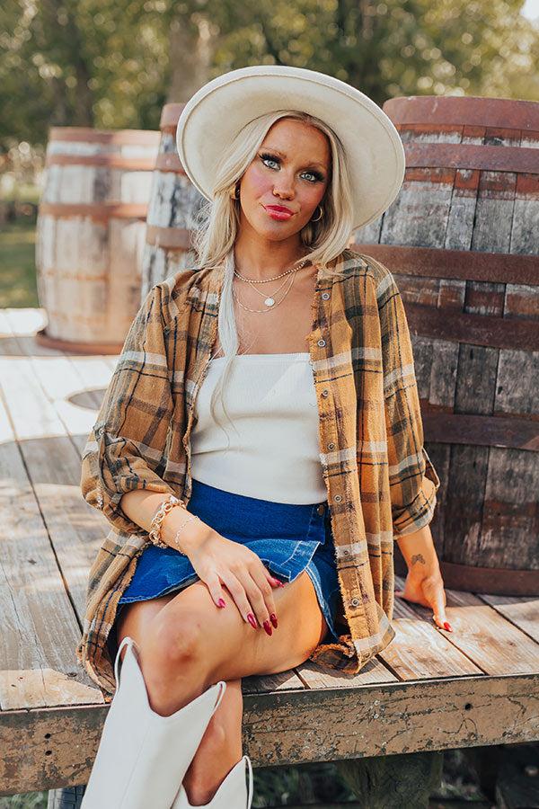 Impressions Hayride Happiness Vintage Wash Plaid Tunic In Camel