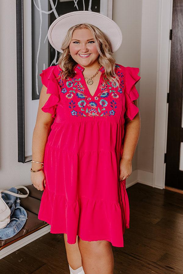 Impressions Hidden Bungalow Embroidered Dress In Hot Pink Curves
