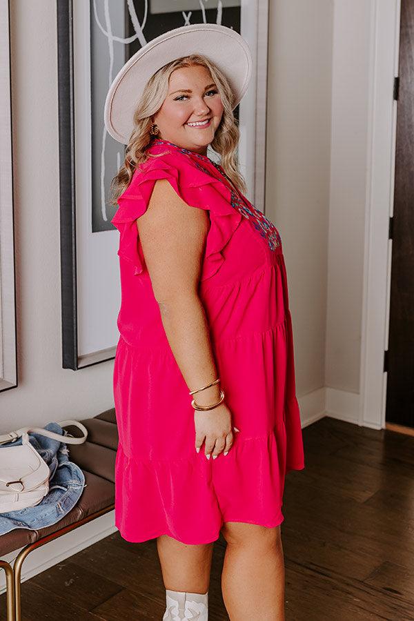 Impressions Hidden Bungalow Embroidered Dress In Hot Pink Curves