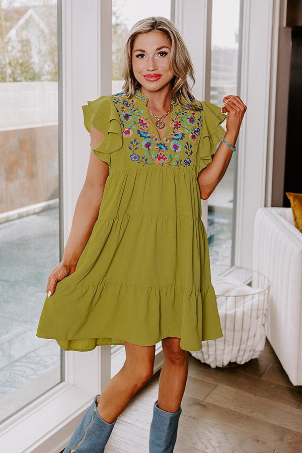 Impressions Hidden Bungalow Embroidered Dress In Lime