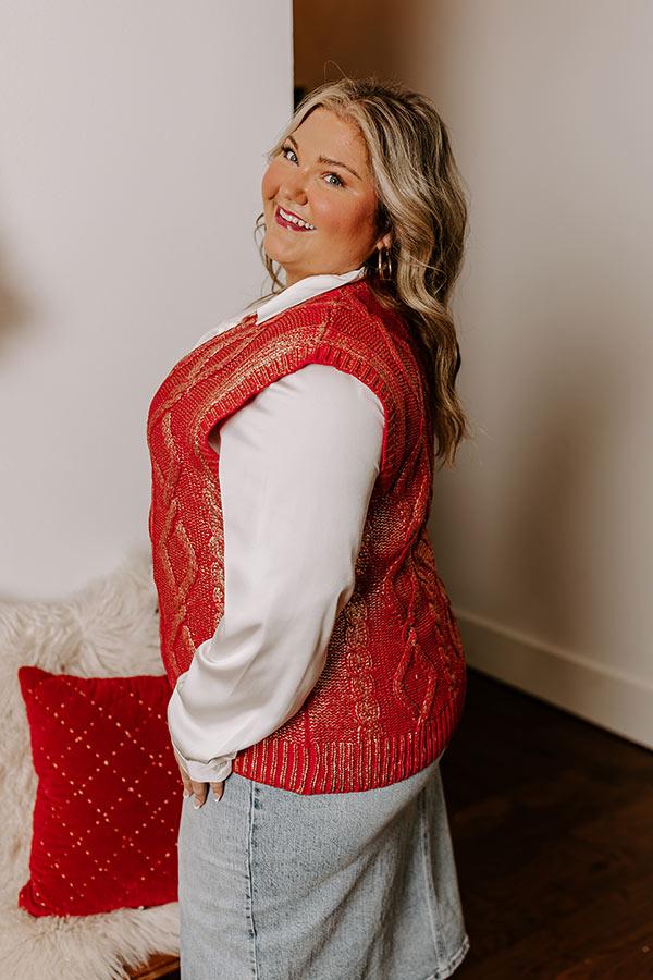 Impressions Holiday Party Metallic Knit Vest Top In Red Curves