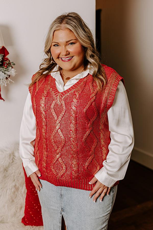 Impressions Holiday Party Metallic Knit Vest Top In Red Curves