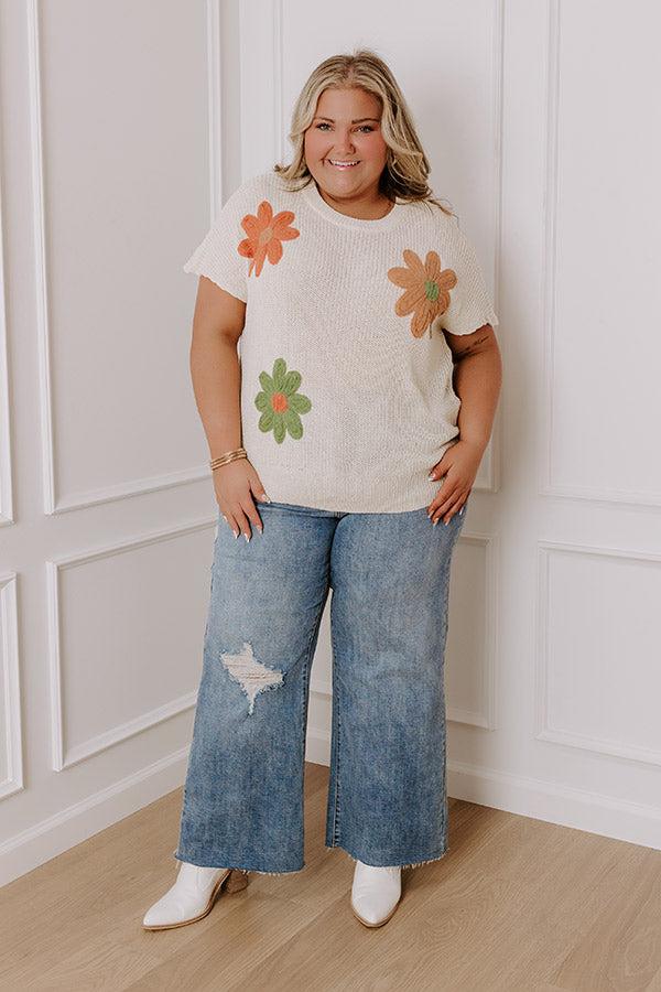 Impressions Boho Blooms Knit Top In Cream Curves