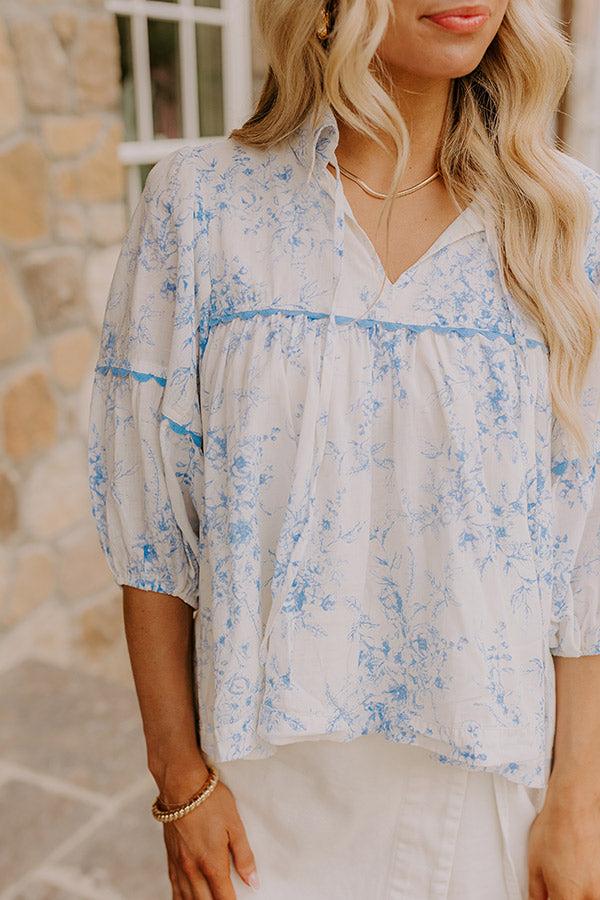 Impressions Boho Charm Floral Top In Sky Blue
