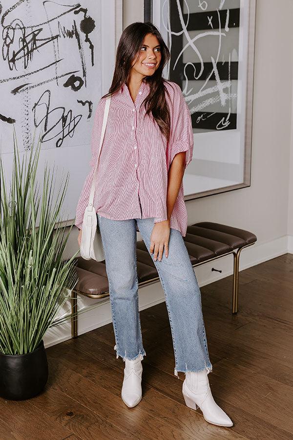 Impressions Casually Chic Stripe Button Up In Pink