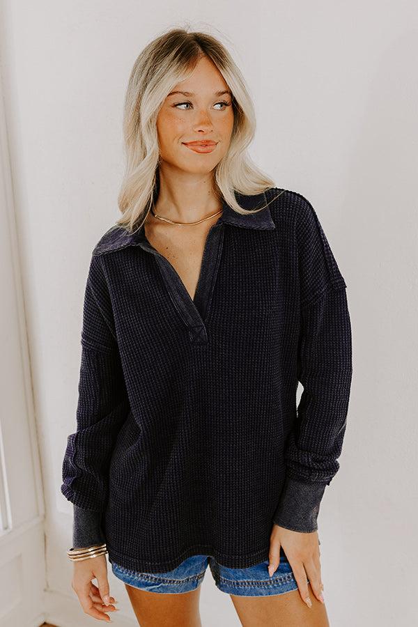 Impressions Cozy Cues Waffle Knit Top In Navy