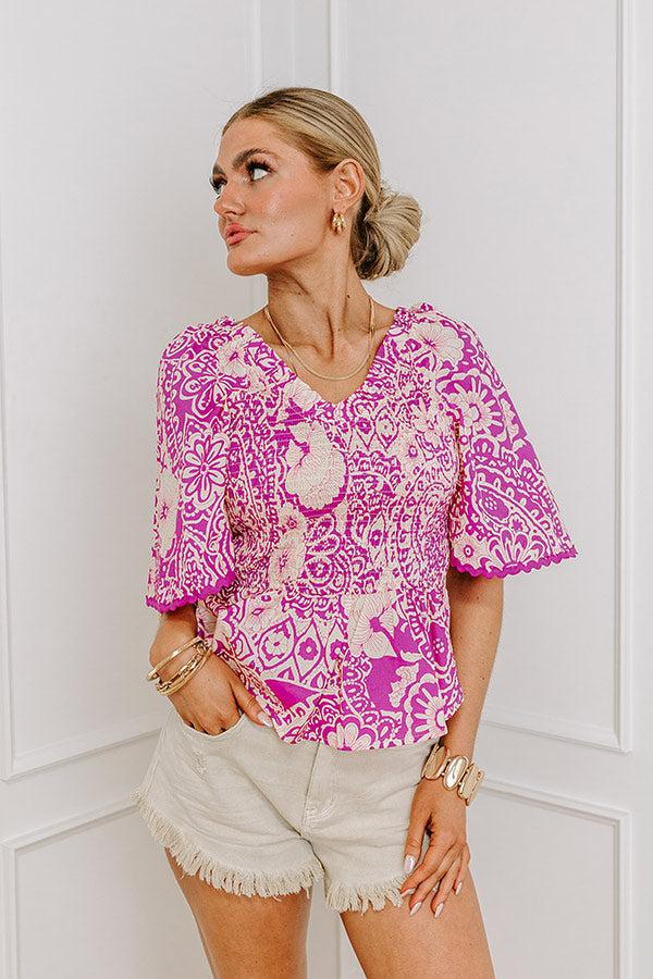 Impressions Flirty Forecast Smocked Top In Fuchsia