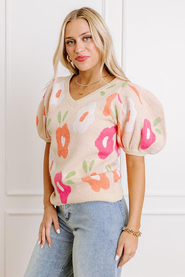 Impressions Flower Power Knit Sweater Top In Beige