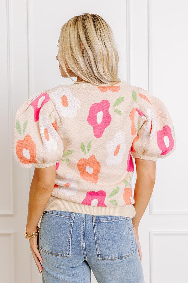 Impressions Flower Power Knit Sweater Top In Beige