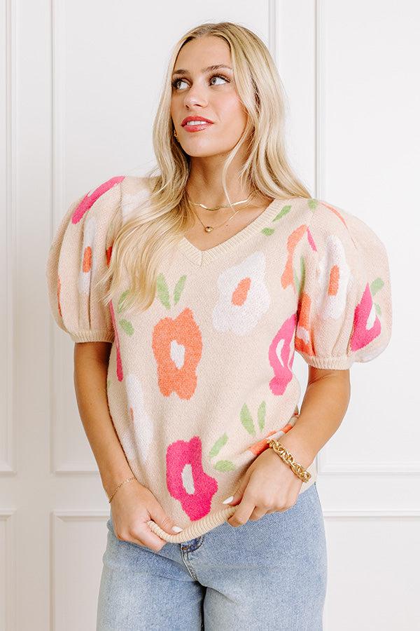 Impressions Flower Power Knit Sweater Top In Beige