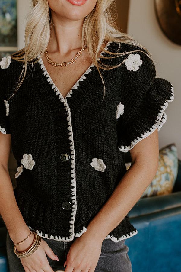 Impressions Flowers And Frills Knit Top In Black