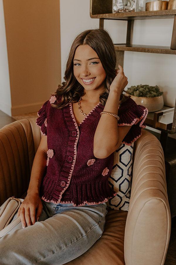 Impressions Flowers And Frills Knit Top In Wine