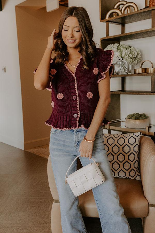 Impressions Flowers And Frills Knit Top in Wine