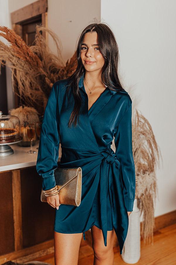 Impressions Hampton Wrap Satin Dress In Teal