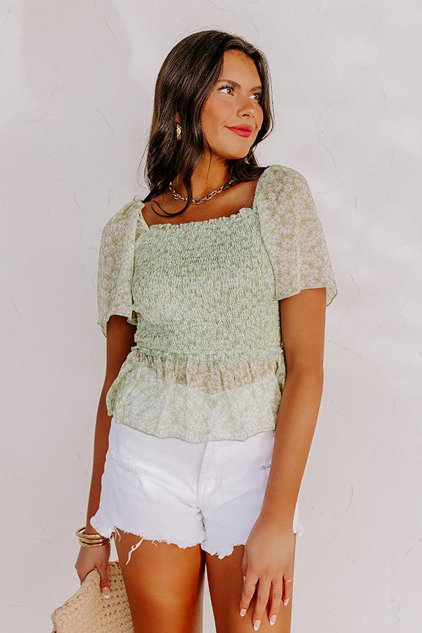 Impressions Peonies Preferred Smocked Top In Lime