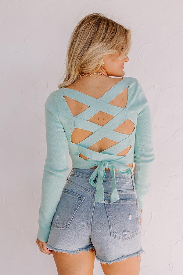 Impressions Summer Of Fun Lace Up Crop Top In Aqua