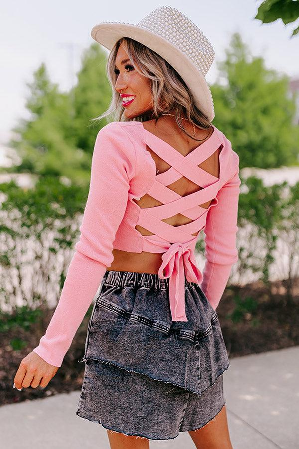 Impressions Summer Of Fun Lace Up Crop Top In Pink