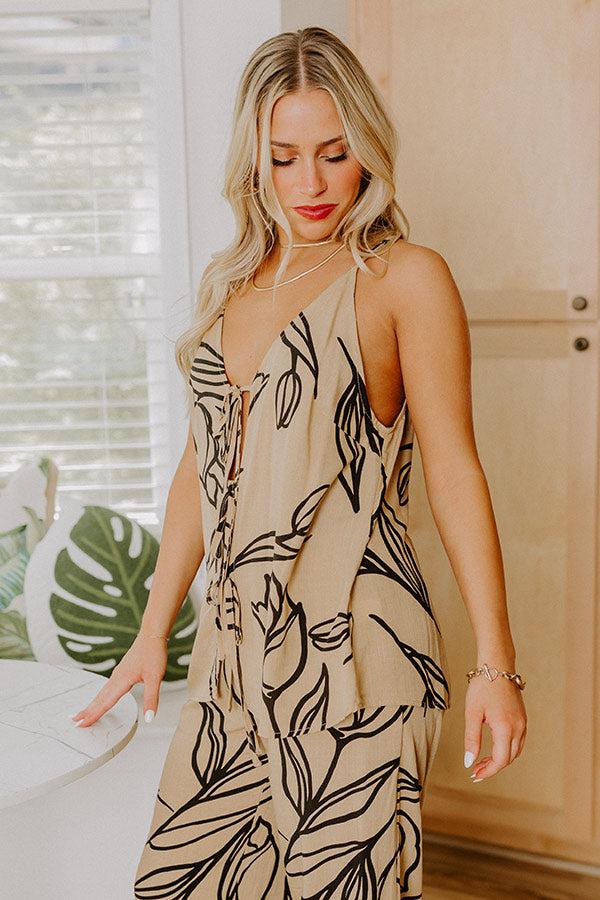 Impressions Vacay Bungalow Front Tie Tank In Khaki