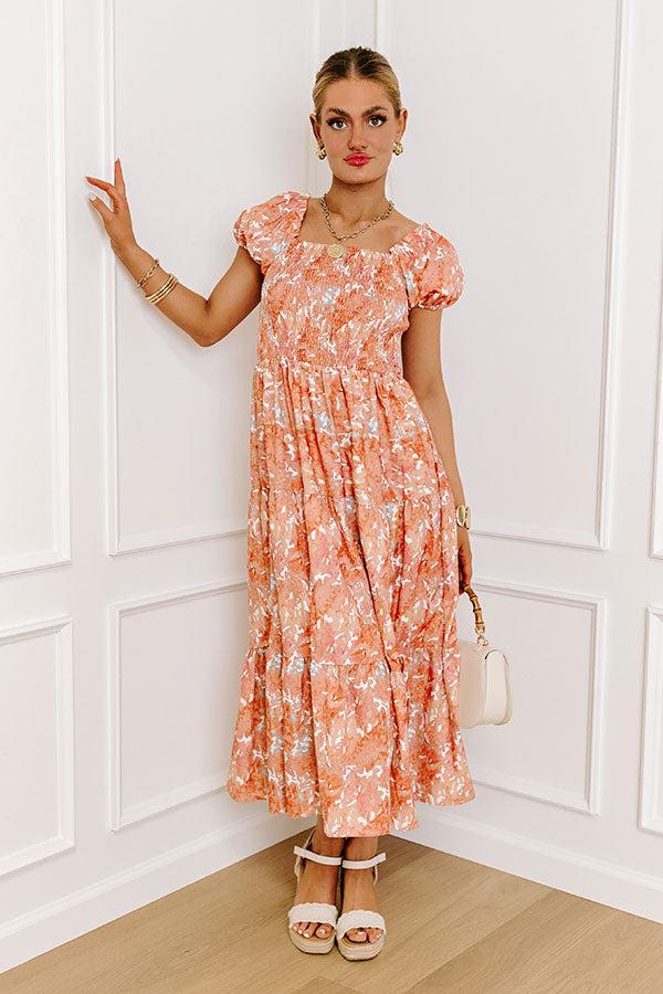 Impressions Vineyard Bound Smocked Midi in Orange
