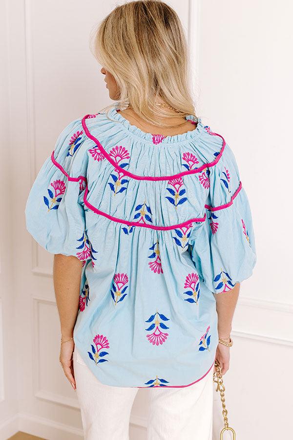 Impressions Joyful Bloom Floral Embroidered Top In Sky Blue