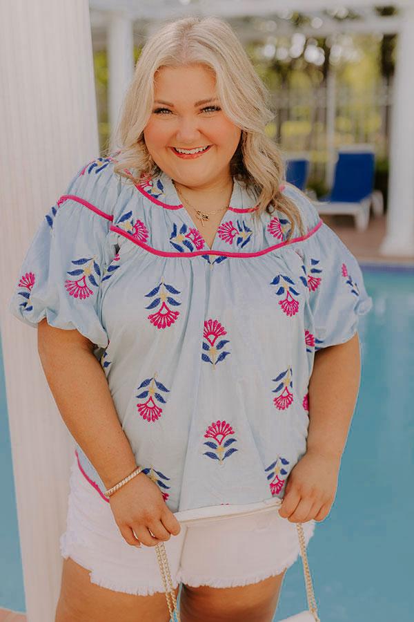 Impressions Joyful Bloom Floral Embroidered Top In Sky Blue Curves