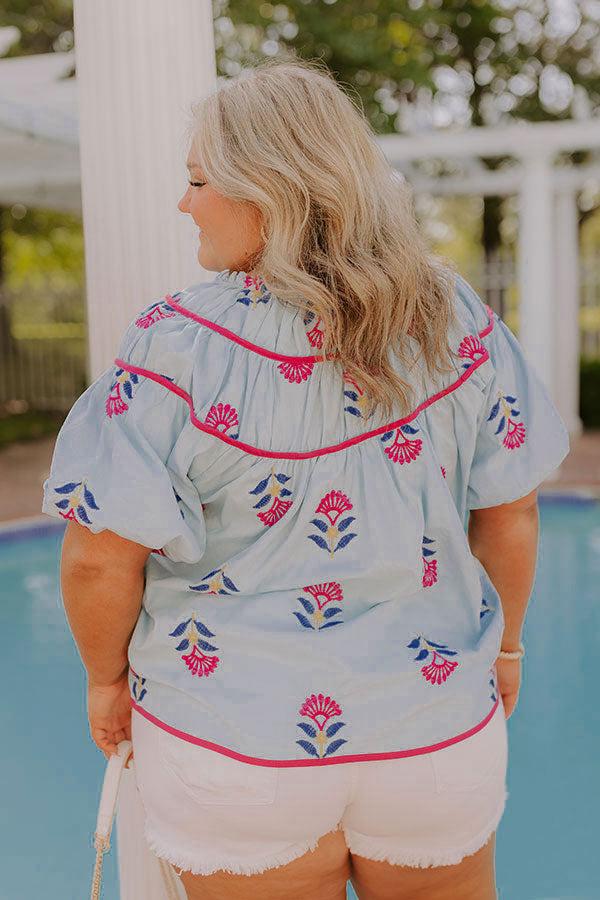 Impressions Joyful Bloom Floral Embroidered Top In Sky Blue Curves