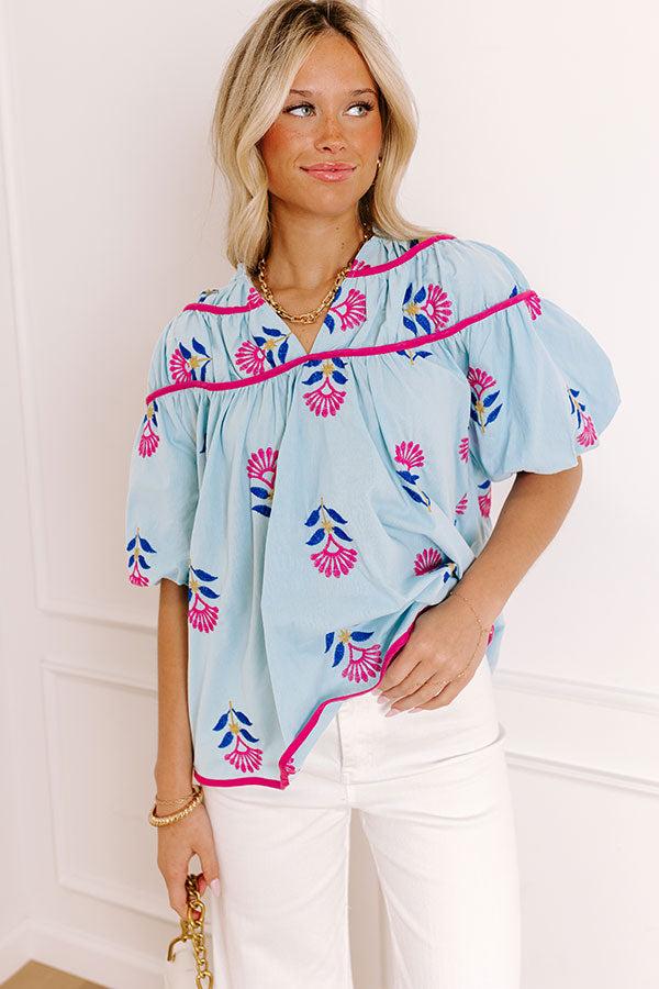 Impressions Joyful Bloom Floral Embroidered Top In Sky Blue