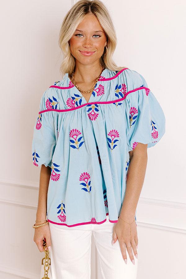 Impressions Joyful Bloom Floral Embroidered Top in Sky Blue