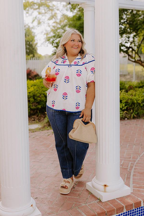 Impressions Joyful Bloom Floral Embroidered Top In White Curves
