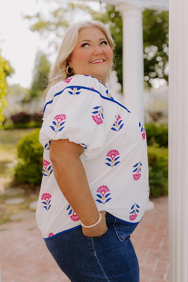 Impressions Joyful Bloom Floral Embroidered Top In White Curves