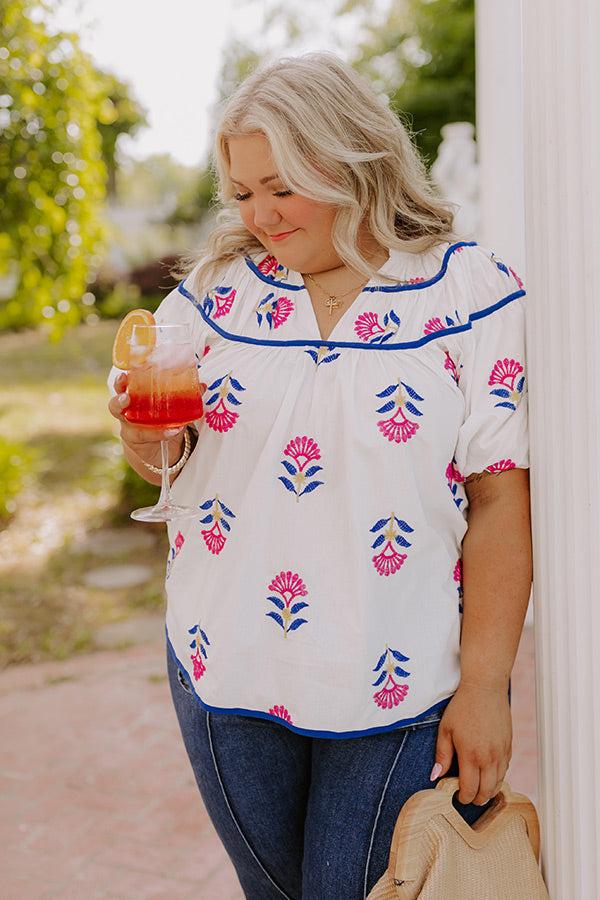 Impressions Joyful Bloom Floral Embroidered Top In White Curves
