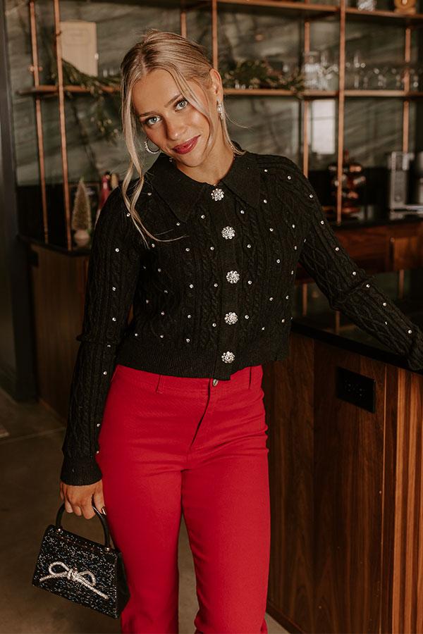 Impressions Kind Smile Cable Knit Embellished Cardigan in Black