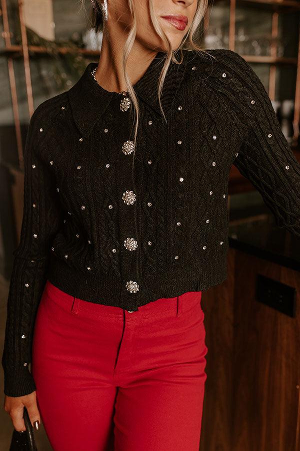 Impressions Kind Smile Cable Knit Embellished Cardigan In Black