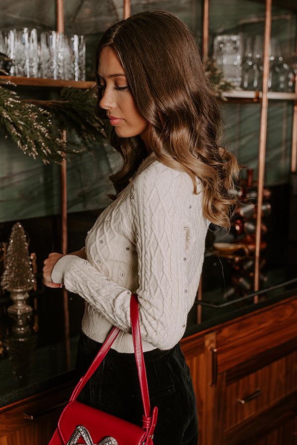 Impressions Kind Smile Cable Knit Embellished Cardigan In Cream