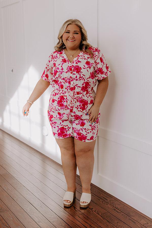 Impressions Life In Full Bloom Floral Romper In Hot Pink Curves