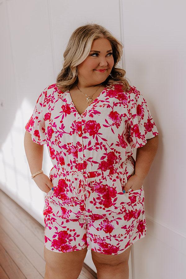 Impressions Life In Full Bloom Floral Romper In Hot Pink Curves