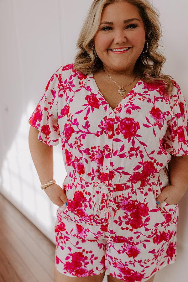 Impressions Life In Full Bloom Floral Romper in Hot Pink Curves