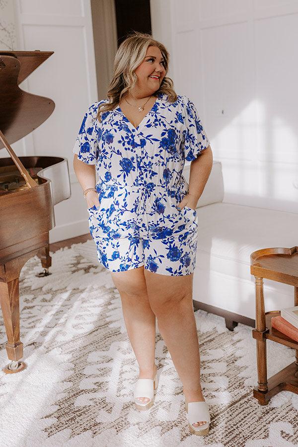 Impressions Life In Full Bloom Floral Romper In Royal Blue Curves