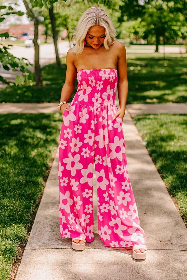 Impressions Loft Party Smocked Floral Jumpsuit In Hot Pink