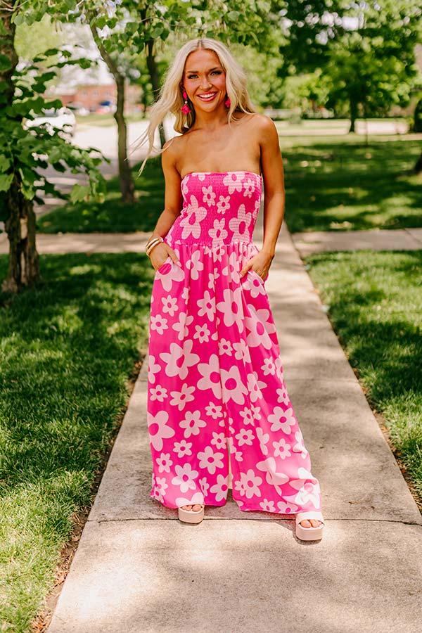 Impressions Loft Party Smocked Floral Jumpsuit in Hot Pink