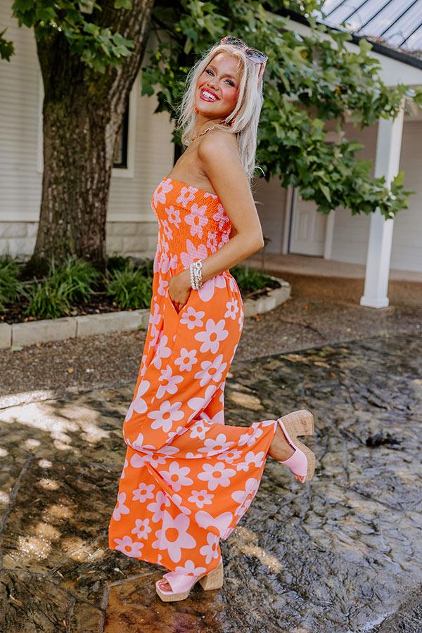 Impressions Loft Party Smocked Floral Jumpsuit In Orange