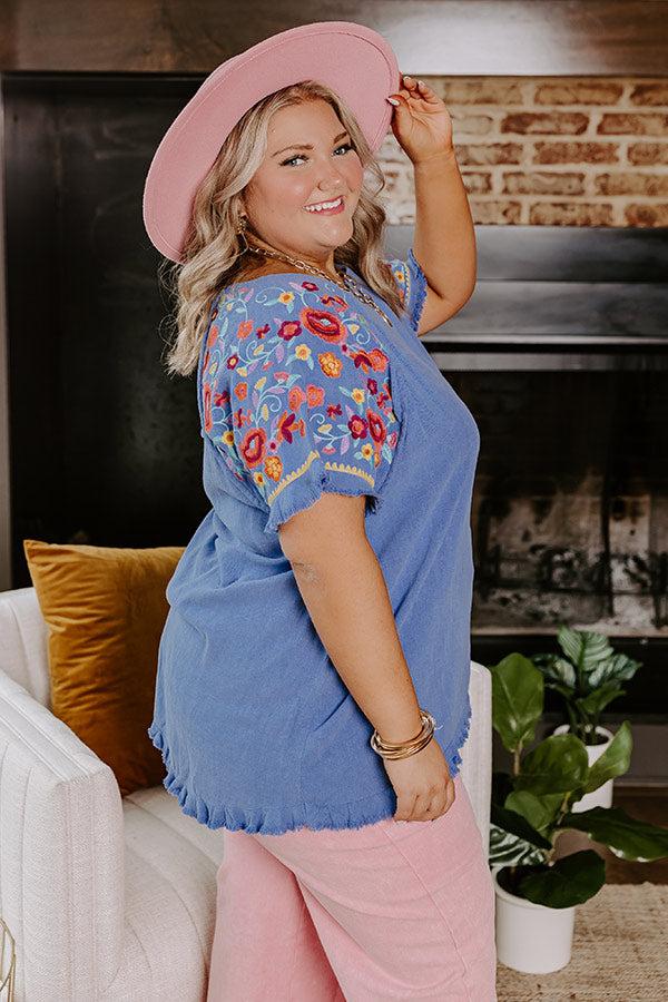 Impressions Loving The Sun Embroidered Top In Airy Blue Curves