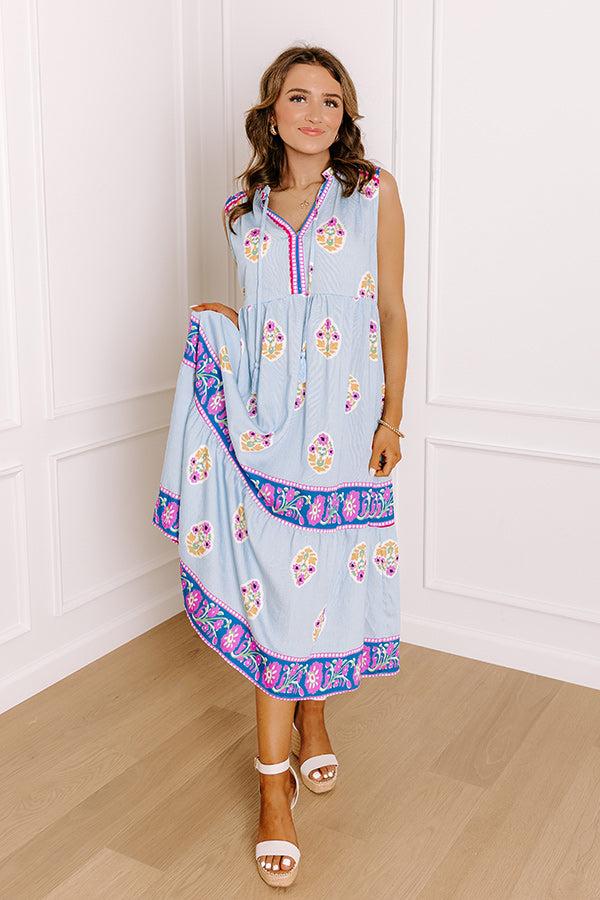 Impressions Margaritas On The Boardwalk Floral Midi Dress in Sky Blue
