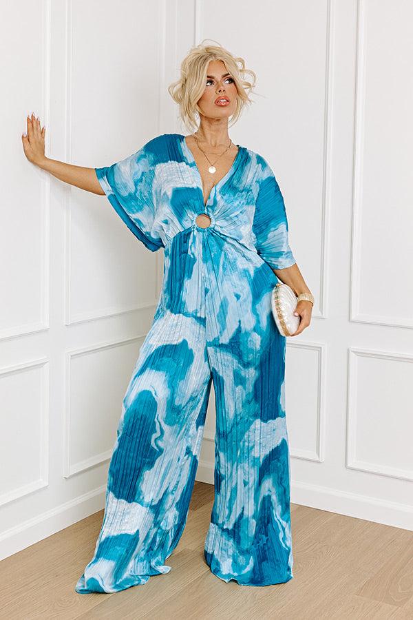 Impressions Miami Date Night Pleated Jumpsuit In Blue Curves