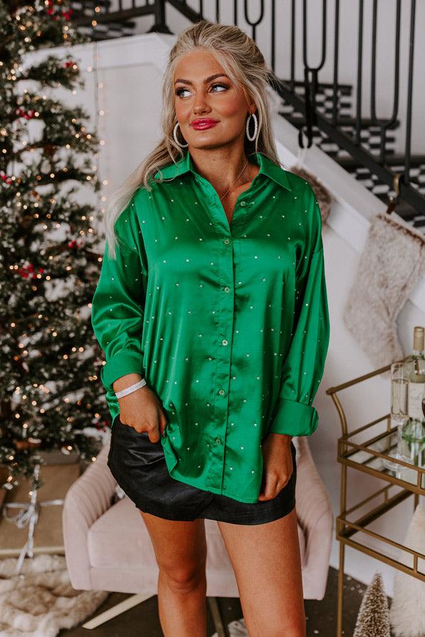 Impressions Milan Muse Rhinestone Satin Top In Kelly Green