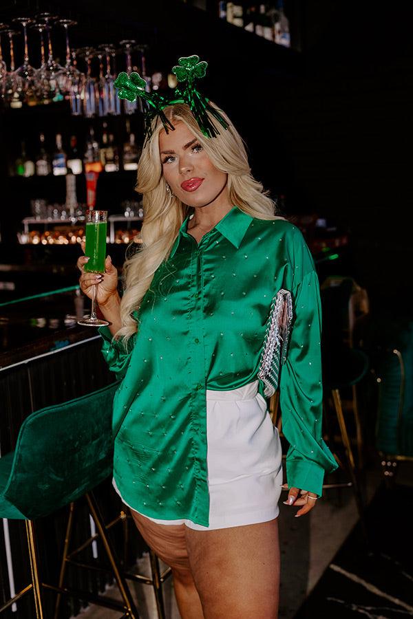 Impressions Milan Muse Rhinestone Satin Top In Kelly Green Curves