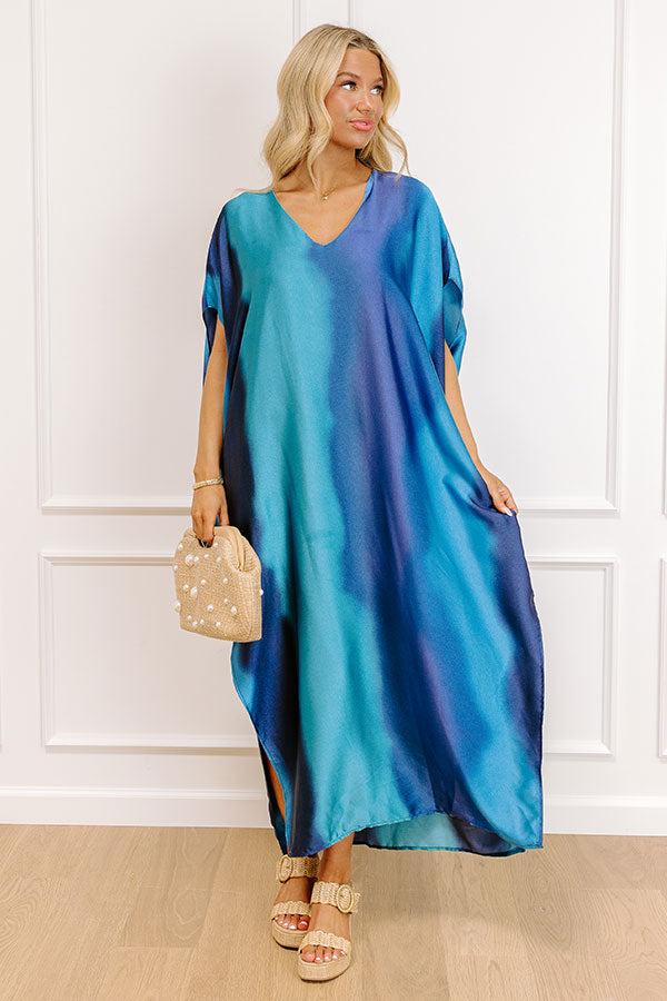 Impressions Moonlit Lagoon Satin Caftan Maxi Dress In Blue